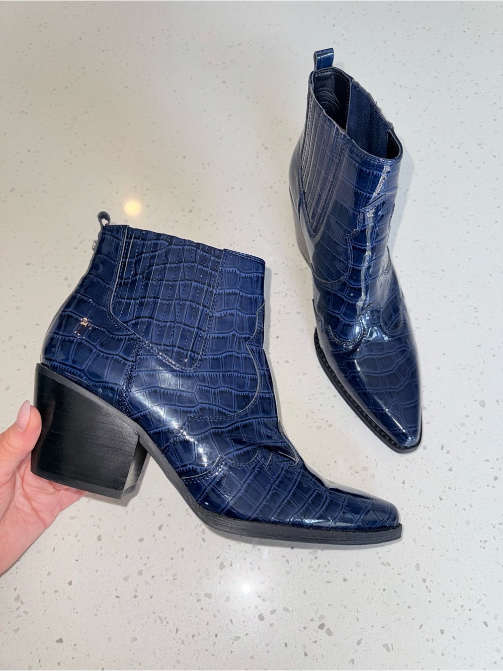 Sam Edelman Navy Croc-Embossed Patent Ankle Booties - Picture 8 of 14